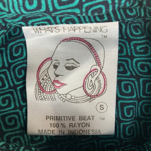 Vintage Whats Happening Primitive Beat Shirt Mens Small Teal Geometric Rayon - Picture 9 of 11
