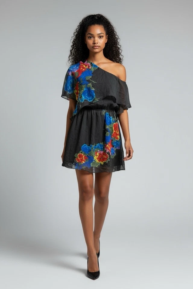 Mini Vestido de Fiesta Y2k Negro Floral Chifón Volantes Un Hombro Mediano Grande 10 Foto 2 de 4