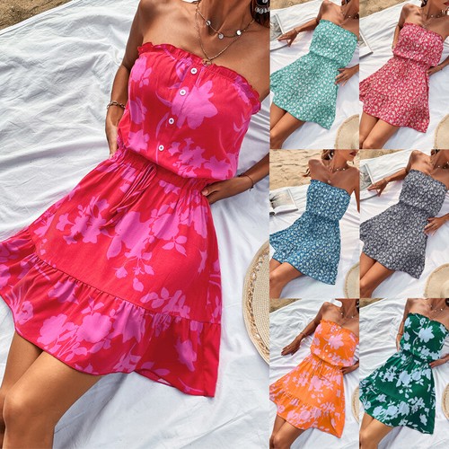 Womens Holiday Strapless Boob Tube Bandeau Top Summer Mini Beach Dress Dresses - Picture 3 of 25