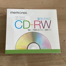 Memorex High Speed Blank CD-RW 12x 700MB 80 Minutes with Cases 5 Pack New