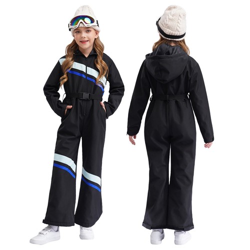 Kids Girls Ski Hooded Jumpsuit Long Sleeve Zipper Color Block Bodysuit with Belt - Picture 5 of 76