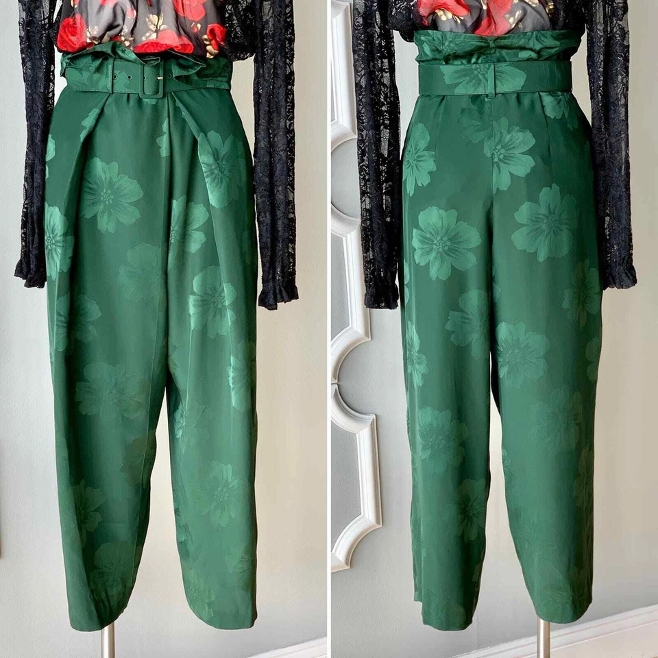 Pantalones Stella McCartney Seda Cintura Alta Floral Brocado Verde Para Mujer 6 NUEVOS $1,955