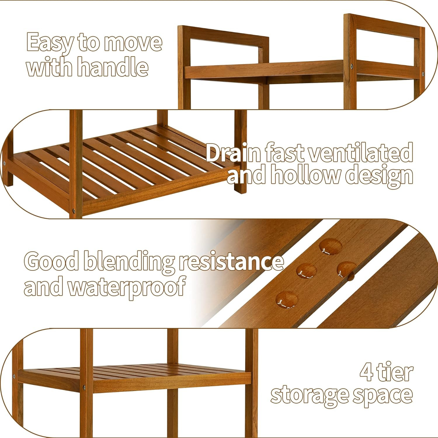 Teak Wood Bathroom Shelf Organizer Stand, Standing Shelves Shower Caddy Units, F