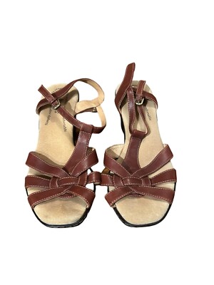 Softspots Brown Leather Ankle Strap Heels Spring Sandals Shoes Women's Size 8.5