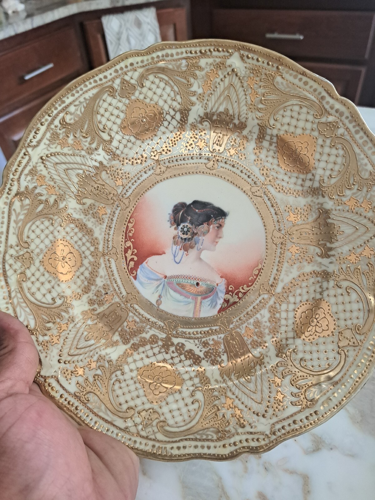 Antique NIPPON Hand Painted Portrait Plate w/ Gold Highlights Teal