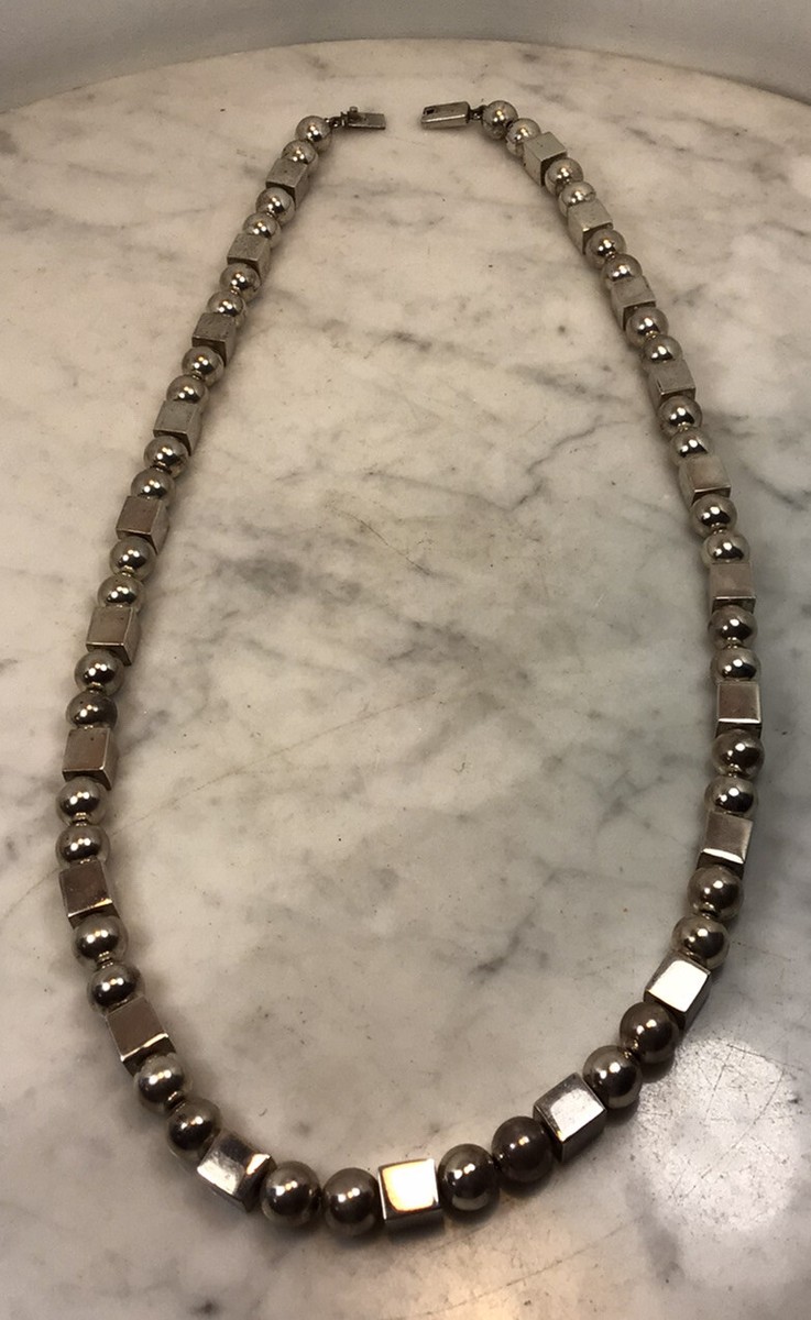 VTG TAXCO Sterling Silver Ball Square Cube Bead Necklace Mexico Modernist 154 Gr