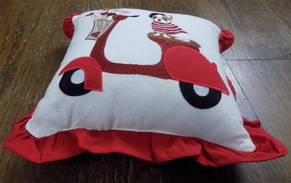 ADORABLE pillow Dog PUG w beret on Scooter flowers embroidered polka dot ruffles - Image 4 of 4