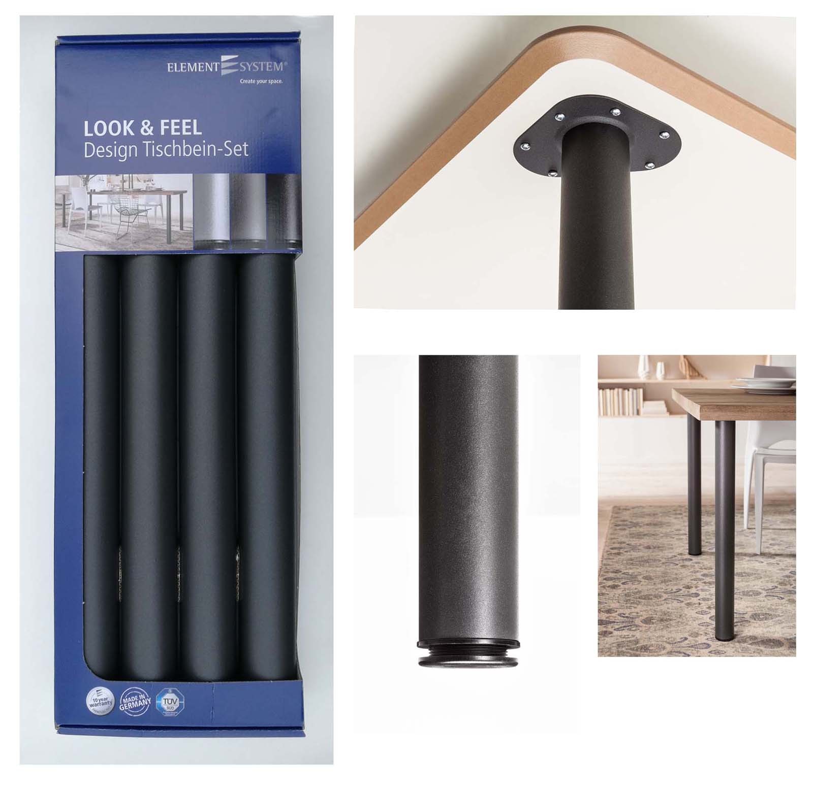 Design Tischbein 4er Set Stahlrohrfuß Möbel inkl Schrauben 3 Farben rund Ø60mm Nieuw, goedkoop