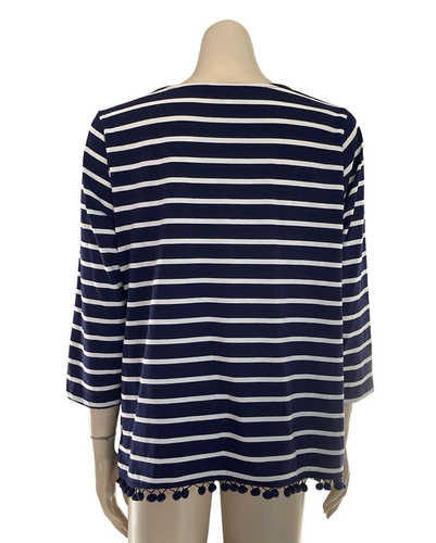 Savannah T-Shirt Top Sz 16 Pom Pom Trim 3/4 Sleeve Cotton Mix Blue White Stripe - Picture 3 of 9