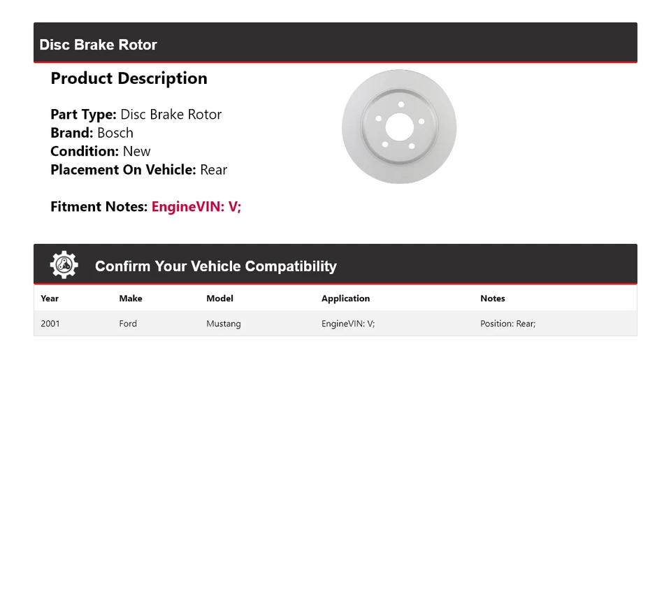 For 2001 Ford Mustang Bosch QuietCast Disc Brake Rotor Rear - Image 2 of 4