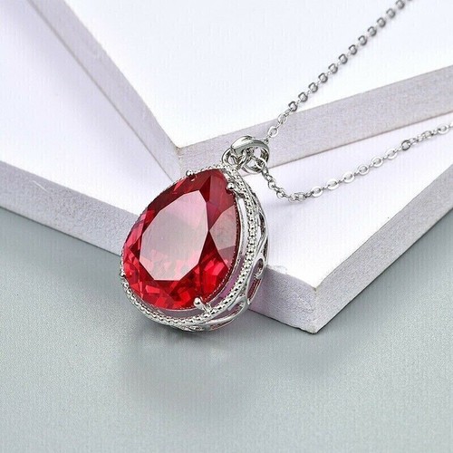 3Ct Pear Cut Simulated Red Ruby Women's Fancy Pendant Gift 14K White Gold Plated - Picture 2 of 4