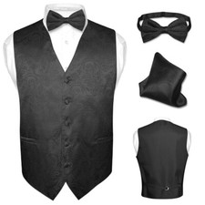 Men's Dress VEST Bow Tie BLACK Color PAISLEY Design Suit Tuxedo BowTie Hanky Set