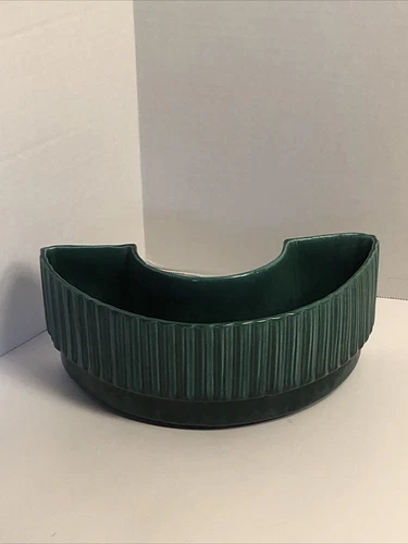 Vintage Made in USA Ruffled Edge Half Circle Green Pottery Planter
