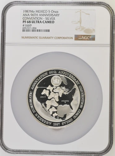 1987 Mo Mexico 5 Onza ANA 96th Anniversary Convention Silver NGC PF 68 UC