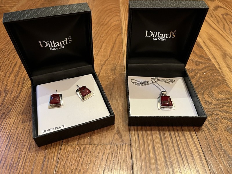 Dillards Necklace and Earring Set, Dark Red Stone Set In Silver. NEW!