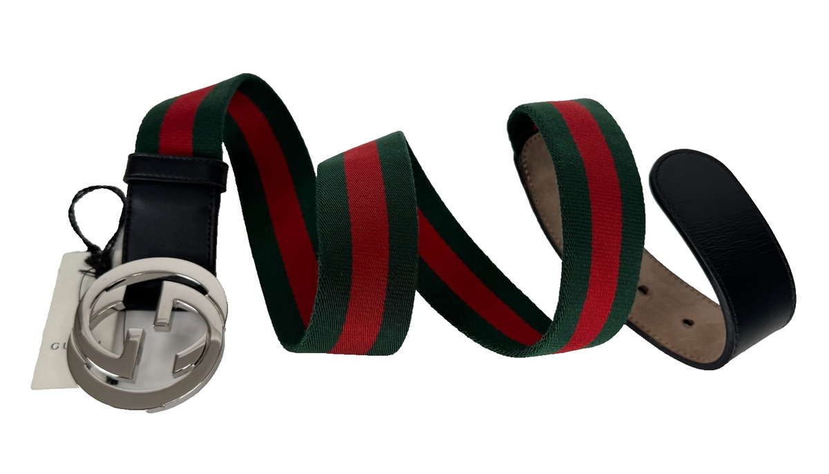 Gucci Auth Web Belt 90 cm 36 in Silver GG Red Green Black Leather