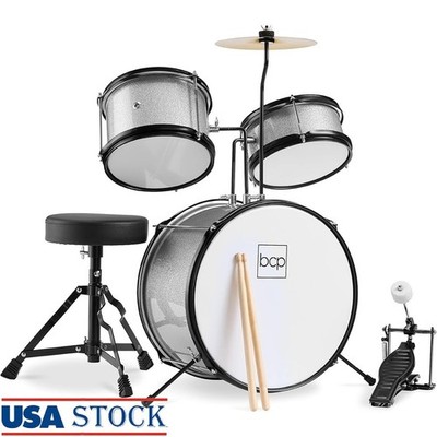 Kids Beginner 3 Piece Drum Set Musical Instrument Sticks Stool Pedal Assembly US