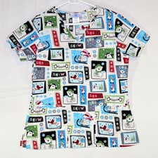 SB Scrubs Winter Holiday Cartoon Print Scrub Top Size XS V-Neck Pockets