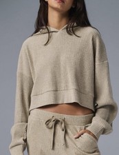 Alo Yoga Muse Ribbed Cropped Hoodie Womens Small Gravel Pullover