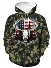 Deer Head  American Flag Graphic, Camouflage Hunting Hoodie - Adults  Youth