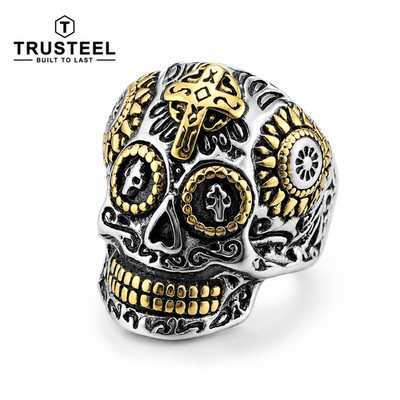 316L Stainless Steel Sugar Skull Ring Cross Gothic Biker Men s Size 9