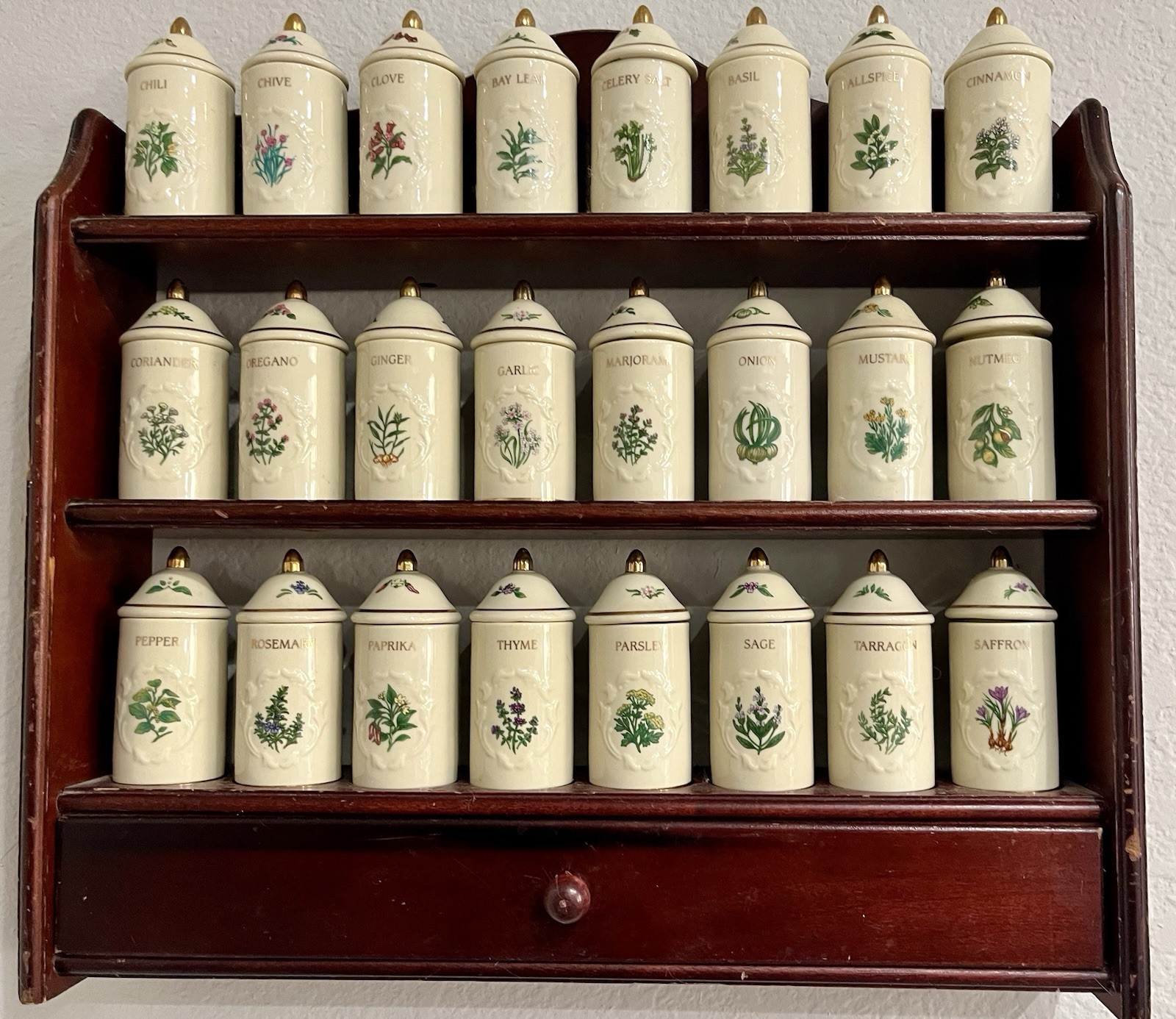 Wood Wall Mount Spice Rack 24 Ceramic Jars