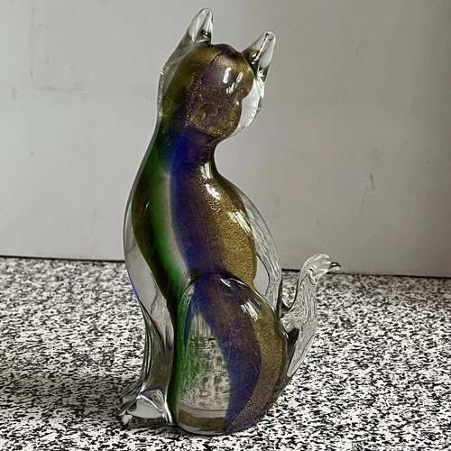 Vtg Murano Sommerso Art Glass Cat Figurine Gold Dust. 8 1/2in