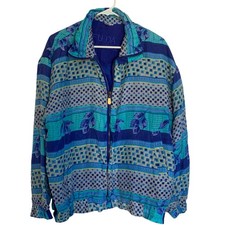 Fuda International Silk Jacket Womens Large Blue Green Pattern Full Zip Y2K