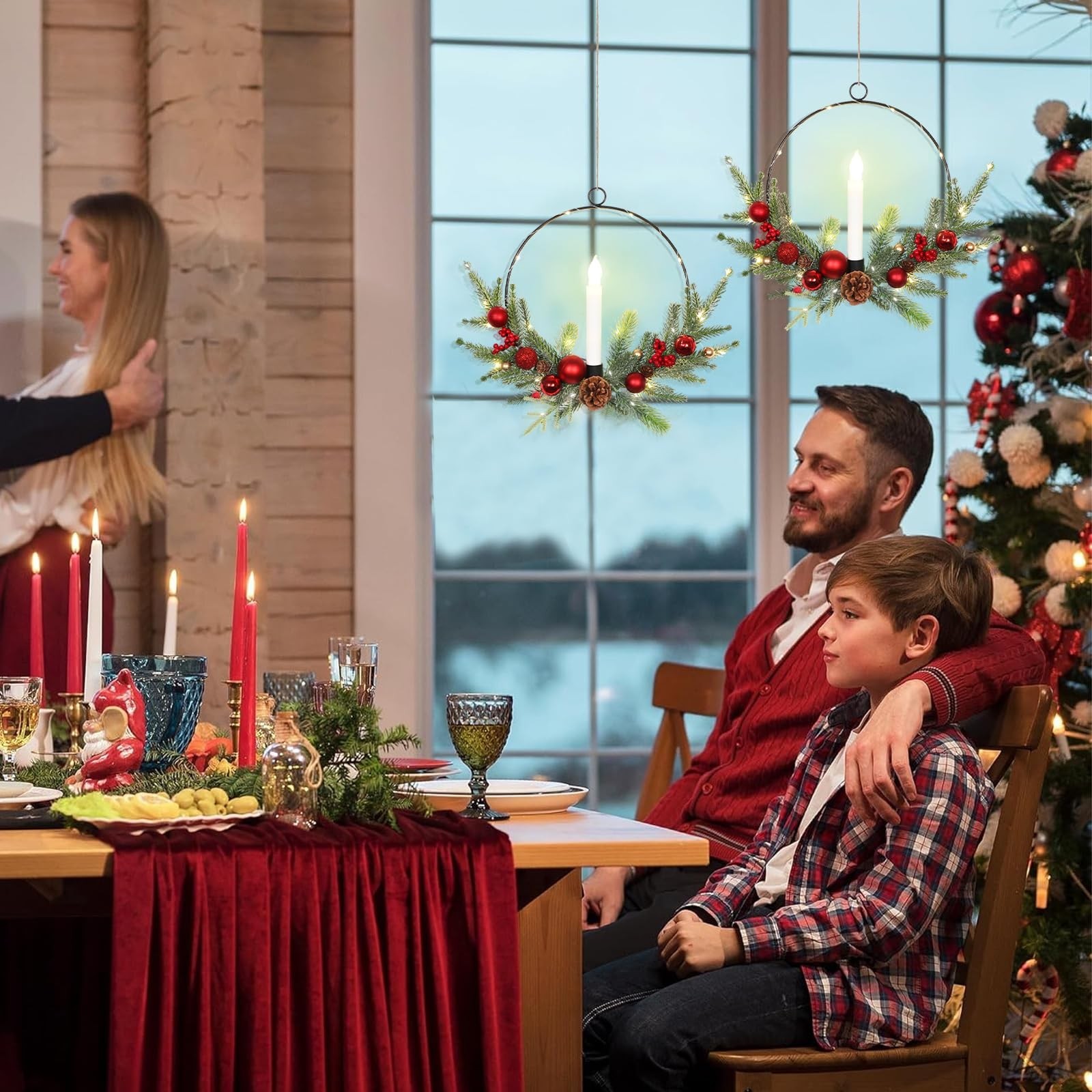 2Pack 16inch Christmas Wreath with Taper Candle Lights Christmas Wreath Outdo...