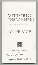 Anne RICE / Vittorio The Vampire Uncorrected Proof 1st 1999