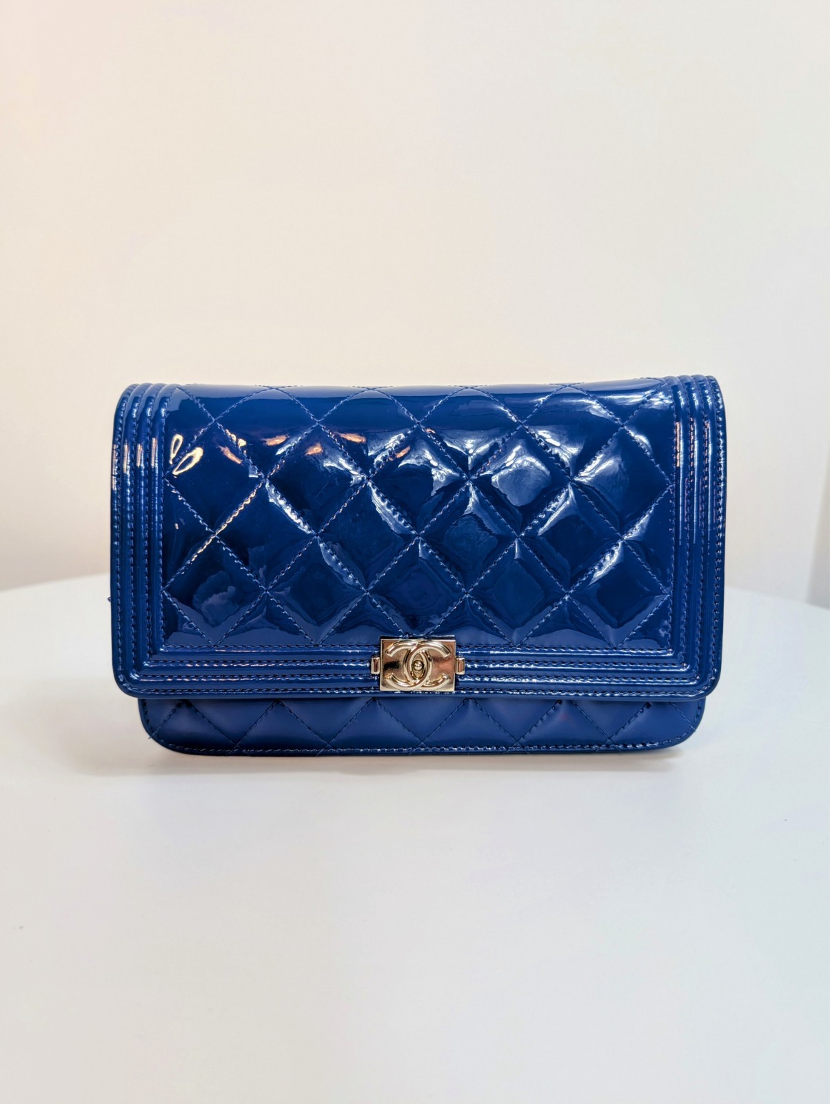 Chanel Royal Blue Boy Patent Leather Wallet On Chain (WOC)