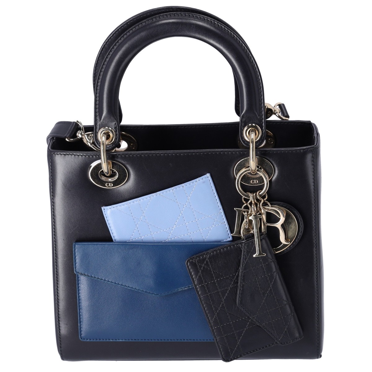 お値引き◎ Christian Dior Lady Dior ハンドバッグ Christian Dior Lady Dior Medium Bag Handbag Black Blue Calf Skin