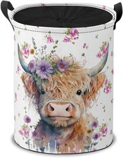 Highland Cow with Flowers Laundry Hamper Basket,Watercolor Floral Collapsible