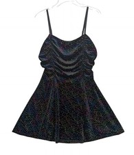 Cosmic Aura Black Velvet Rainbow Sparkle Mini Dress Ruched Y2K Occasion Medium