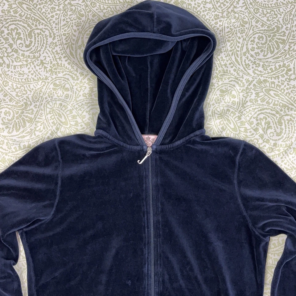 De Colección Y2K Juicy Couture Conjunto de Traje Deportivo Azul Marino Terciopelo Sudadera con Capucha Chaqueta Pantalones Acampanados EE. UU. Foto 3 de 4