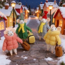 Set of 4 Christmas Felt Mouse Ornaments, 5" Mini Fashionable Mice with Luggag...