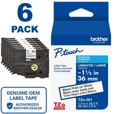 Genuine Brother TZe-261 Black on White 36mm 1.5 " P-Touch Label Tape (6-PACK)