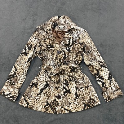 Vertigo Paris Brown Snake Print Belted Stretch Trench Coat Women's Size XL