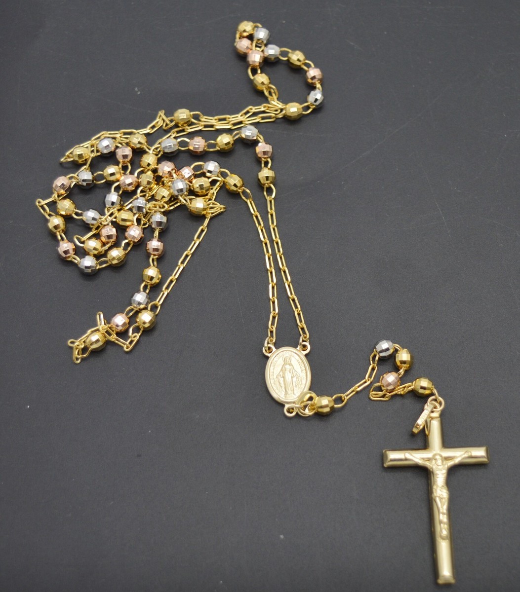 14k Solid Multi-Tone Gold Rosary virgin Mary Jesus Cross Necklace