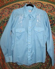 Vintage Men's Blue Bronco Western Pearl Snap Button Shirt Size M 15 1/2