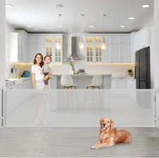 90 Inch Wide Retractable Baby Pet Gates Extra Wide Dog Outdoor Indoor Light Gray