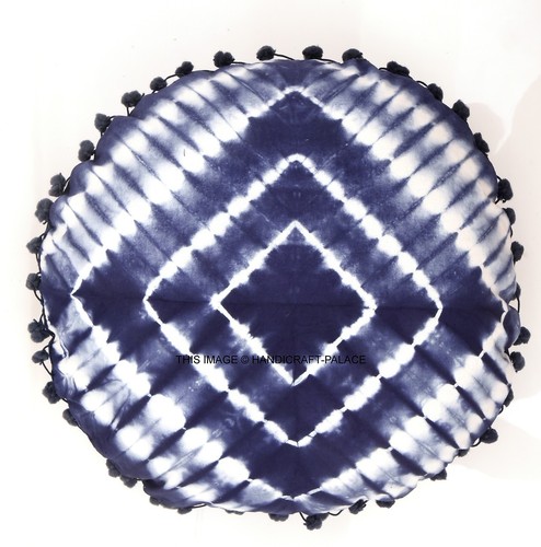 Indigo 16" Pillow Decorative Cotton Throw Pom Lace Tie Dye Shibori Cushion Cover - Picture 2 of 4
