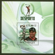 Mozambique Sc# 2024, Golf - Tiger Woods 2010 Souv. Sheet, VF/XF MNH, SCV: $13.85