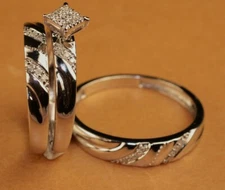 His And Hers Diamond And white Gold Trio Engagement Rings And Multiple Band(s)  