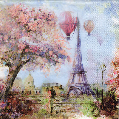 3 Servietten~ Frühling in Paris, Eiffelturm, Heißluftballons, blühender B ~33x33