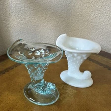 Vintage Fenton Hobnail Blue Glass Cornucopia Ruffled Horn Vase 3.5" + Milk Glass