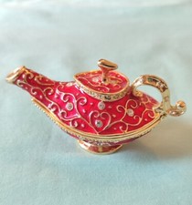 Red Enamel Jeweled Aladdin Arabian Nights Trinket Pill Stash Ring Vanity Box