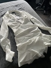 Prettylittlething white woven plunge shirt style frill hem bodycon dress - 10