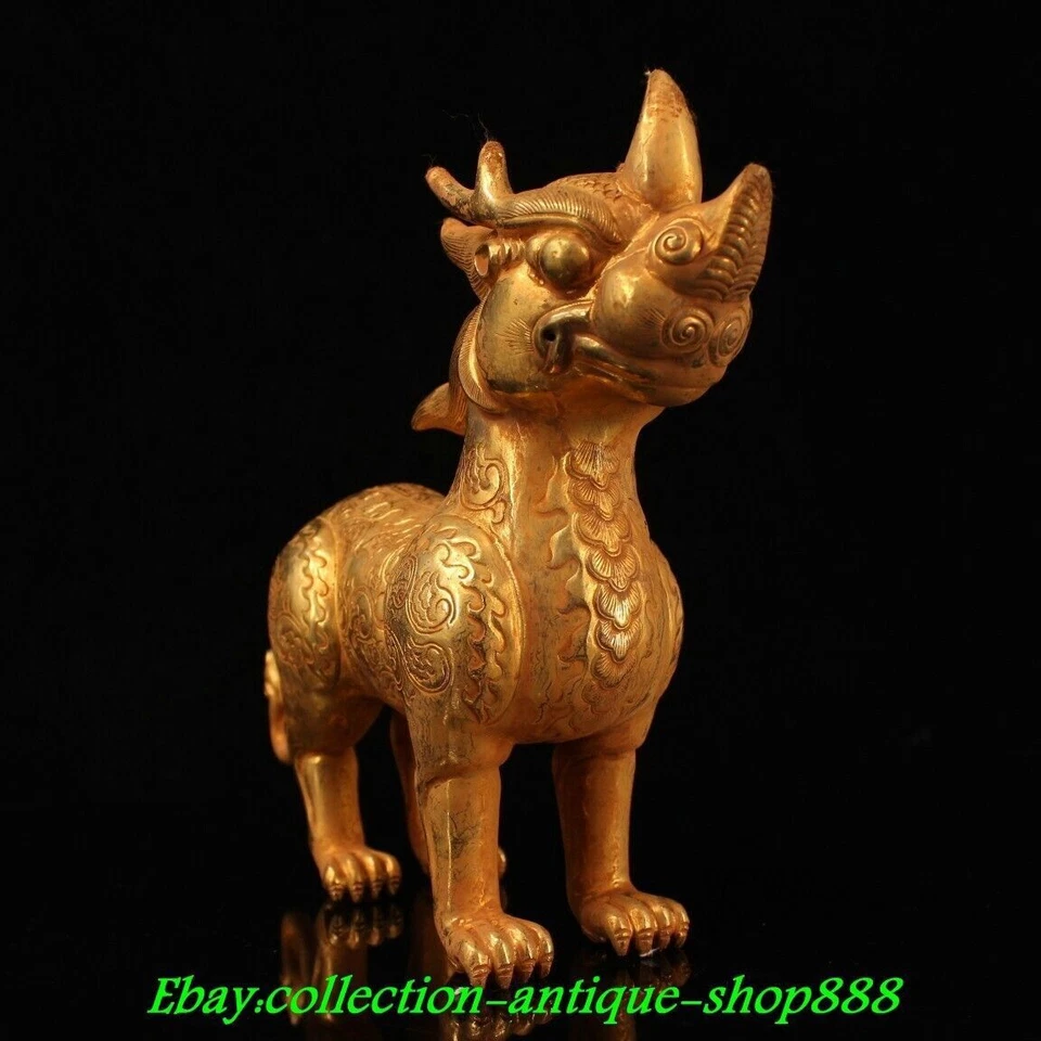 9.4" Antiguo Chino Bronce Dorado Feng Shui Pixiu Dragón Unicornio Bestia Animal Estatua Foto 3 de 4