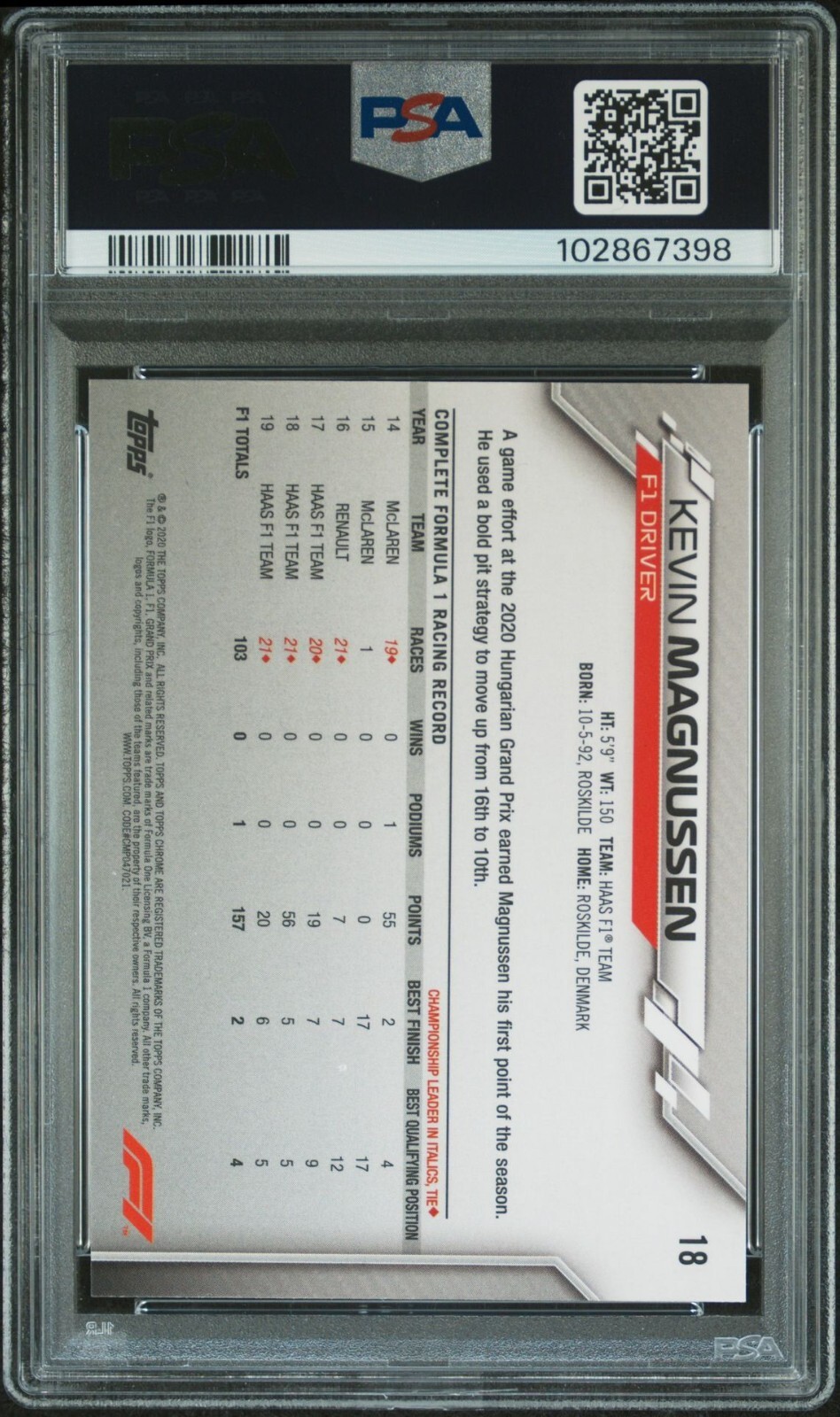 Kevin Magnussen 2020 Topps Chrome Sapphire Formula 1 #18 PSA 10 Haas F1 view 2